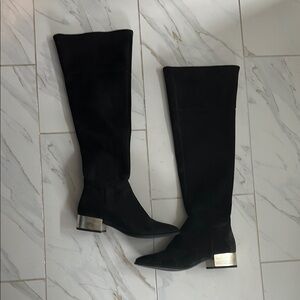 Anne Klein Black and Gold Over the Knee Boots with Sleek Silhouette